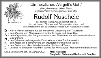 Traueranzeige von Rudolf Nuschele von Allgäuer Zeitung, Füssen