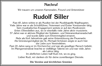 Traueranzeige von Rudolf Siller von Allgäuer Zeitung, Kaufbeuren/Buchloe