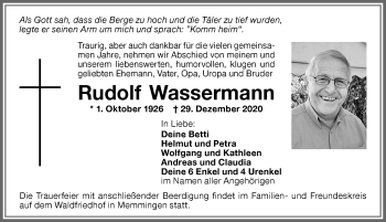 Traueranzeige von Rudolf Wassermann von Memminger Zeitung