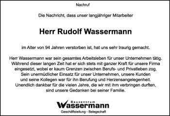 Traueranzeige von Rudolf Wassermann von Memminger Zeitung