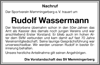Traueranzeige von Rudolf Wassermann von Memminger Zeitung