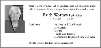 Traueranzeige von Ruth Wottawa von Memminger Zeitung