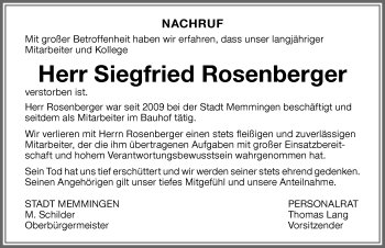 Traueranzeige von Siegfried Rosenberger von Memminger Zeitung
