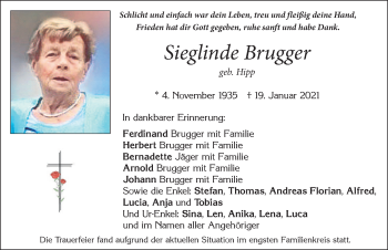 Traueranzeige von Sieglinde Brugger von Allgäuer Zeitung, Marktoberdorf