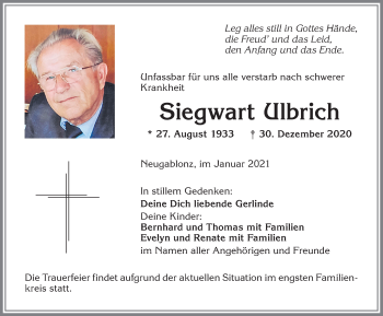 Traueranzeige von Siegwart Ulbrich von Allgäuer Zeitung, Kaufbeuren/Buchloe