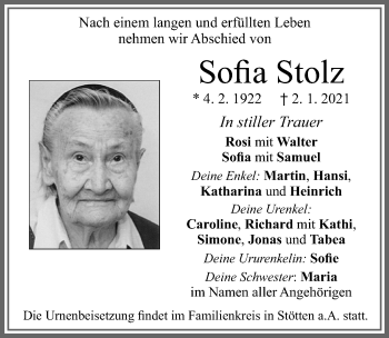 Traueranzeige von Sofia Stolz von Allgäuer Zeitung, Marktoberdorf