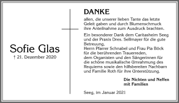Traueranzeige von Sofie Glas von Allgäuer Zeitung, Füssen