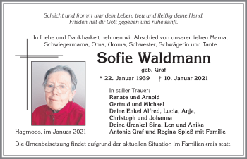 Traueranzeige von Sofie Waldmann von Allgäuer Zeitung, Marktoberdorf