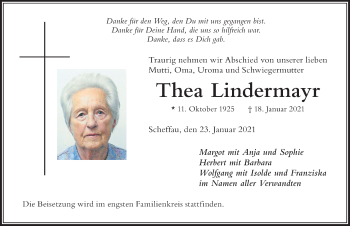 Traueranzeige von Thea Lindermayr von Der Westallgäuer