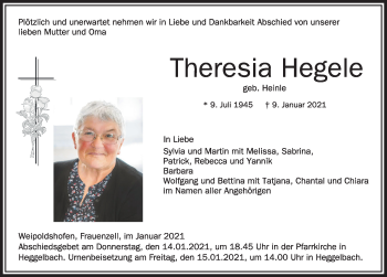 Traueranzeige von Theresia Hegele von Allgäuer Zeitung,Kempten