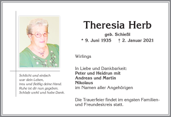 Traueranzeige von Theresia Herb von Allgäuer Zeitung,Kempten