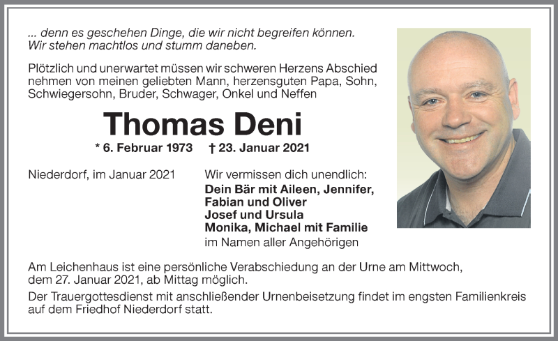 Traueranzeige für Thomas Deni vom 26.01.2021 aus Memminger Zeitung