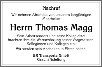 Traueranzeige von Thomas Magg von Allgäuer Zeitung,Kempten