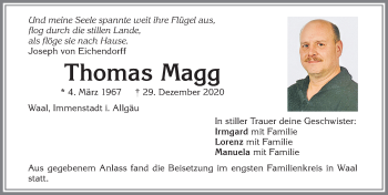 Traueranzeige von Thomas Magg von Allgäuer Zeitung, Kaufbeuren/Buchloe
