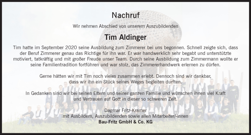  Traueranzeige für Tim Aldinger vom 22.01.2021 aus Memminger Zeitung