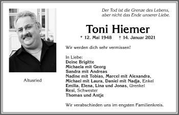 Traueranzeige von Toni Hiemer von Allgäuer Zeitung,Kempten