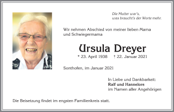 Traueranzeige von Ursula Dreyer von Allgäuer Anzeigeblatt