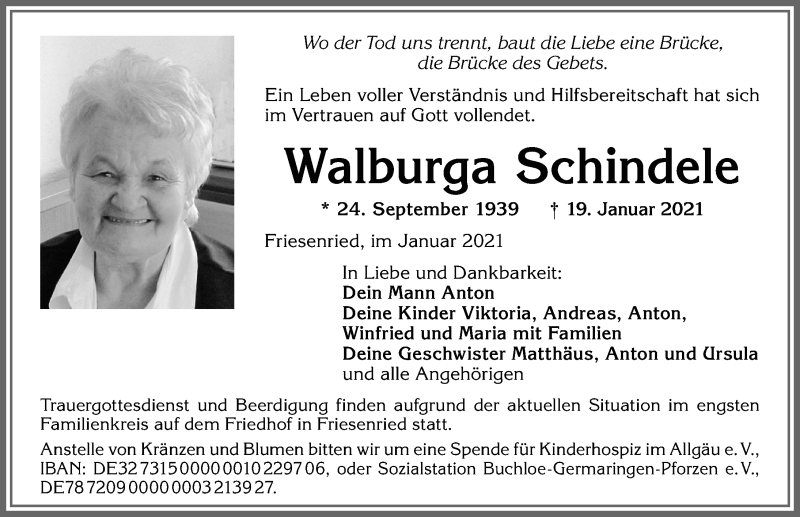  Traueranzeige für Walburga Schindele vom 21.01.2021 aus Allgäuer Zeitung, Marktoberdorf
