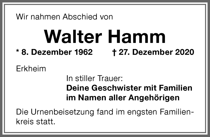  Traueranzeige für Walter Hamm vom 14.01.2021 aus Memminger Zeitung