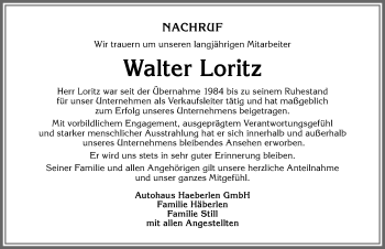 Traueranzeige von Walter Loritz von Allgäuer Zeitung,Kempten