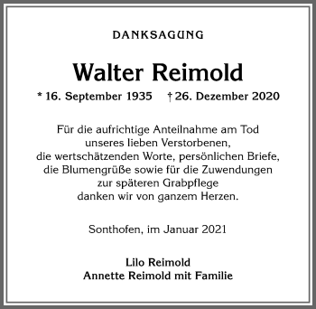 Traueranzeige von Walter Reimold von Allgäuer Anzeigeblatt