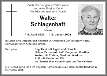 Traueranzeige von Walter Schlagenhaft von Allgäuer Zeitung,Kempten