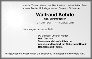 Traueranzeige von Waltraud Kehrle von Memminger Zeitung