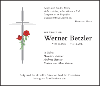 Traueranzeige von Werner Betzler von Der Westallgäuer