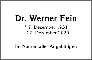 Traueranzeige von Werner Fein von Allgäuer Anzeigeblatt