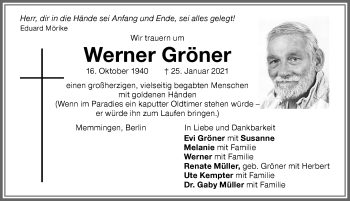 Traueranzeige von Werner Gröner von Memminger Zeitung