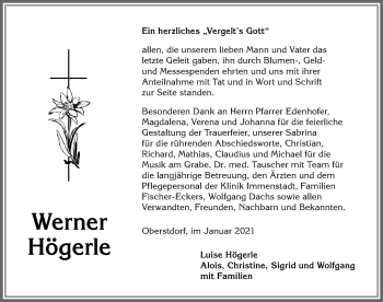 Traueranzeige von Werner Högerle von Allgäuer Anzeigeblatt