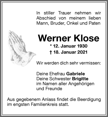 Traueranzeige von Werner Klose von Memminger Zeitung