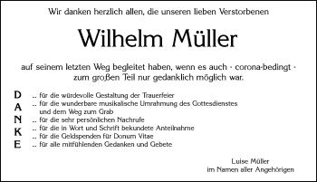 Traueranzeige von Wilhelm Müller von Allgäuer Zeitung, Marktoberdorf