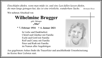 Traueranzeige von Wilhelmine Brugger von Memminger Zeitung
