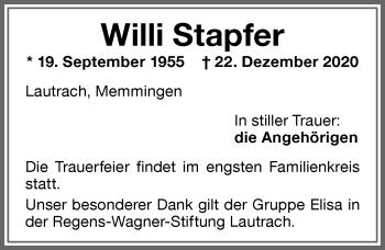 Traueranzeige von Willi Stapfer von Memminger Zeitung