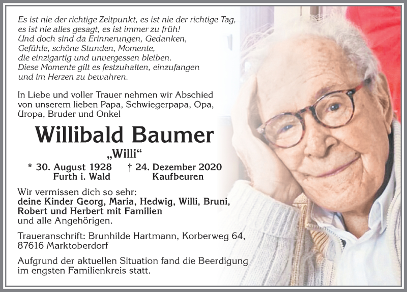  Traueranzeige für Willibald Baumer vom 02.01.2021 aus Allgäuer Zeitung, Marktoberdorf