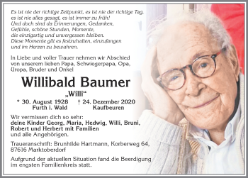 Traueranzeige von Willibald Baumer von Allgäuer Zeitung, Marktoberdorf
