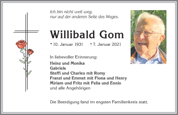 Traueranzeige von Willibald Gom von Allgäuer Zeitung, Kaufbeuren/Buchloe