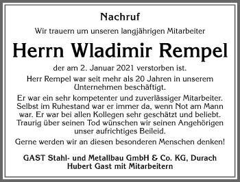 Traueranzeige von Wladimir Rempel von Allgäuer Zeitung,Kempten