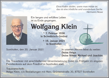 Traueranzeige von Wolfgang Klein von Allgäuer Anzeigeblatt
