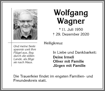 Traueranzeige von Wolfgang Wagner von Allgäuer Zeitung,Kempten