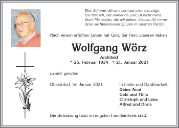 Traueranzeige von Wolfgang Wörz von Allgäuer Anzeigeblatt