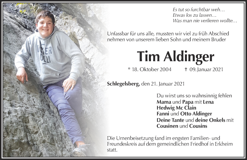  Traueranzeige für Tim Aldinger vom 21.01.2021 aus 