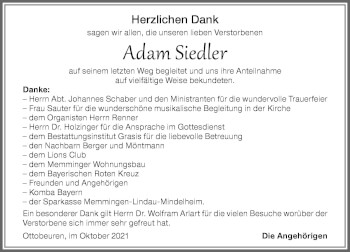 Traueranzeige von Adam Siedler von Memminger Zeitung