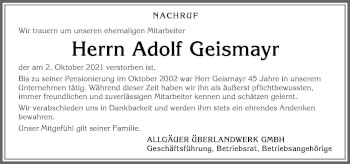 Traueranzeige von Adolf Geismayr von Allgäuer Zeitung,Kempten