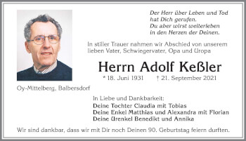 Traueranzeige von Adolf Keßler von Allgäuer Zeitung,Kempten
