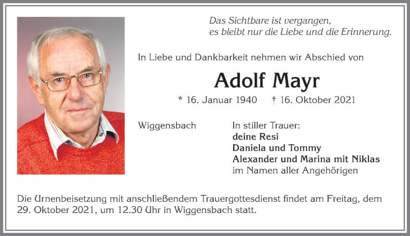  Traueranzeige für Adolf Mayr vom 26.10.2021 aus Allgäuer Zeitung,Kempten