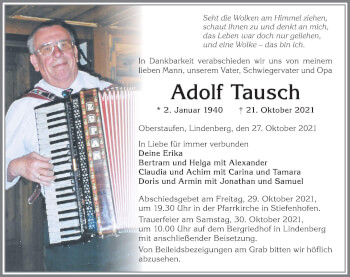 Traueranzeige von Adolf Tausch von Allgäuer Zeitung