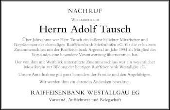 Traueranzeige von Adolf Tausch von Der Westallgäuer
