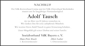 Traueranzeige von Adolf Tausch von Der Westallgäuer